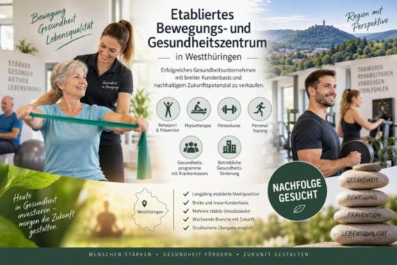 Etabliertes Bewegungs- und Gesundheitszentrum in Westthüringen sucht Nachfolge Erfolgreich etabliertes Gesundheitsunternehmen mit breiter Kundenbasis und nachhaltigem Zukunftspotenzial zu verkaufen – Bild 1